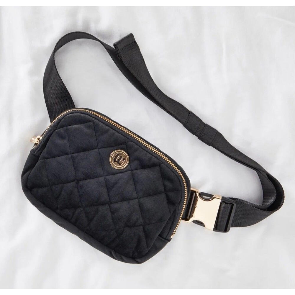 Wantable Velvet Quilted Belt Bag Travel Fanny Pack Cozytober Black Gold NWT $58
